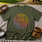 Bohemian French Bulldog Mandala artwork on a Military Green T-shirt.