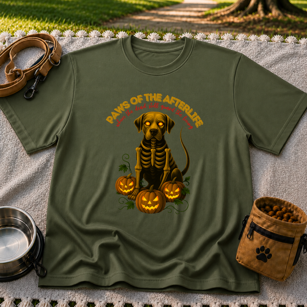 Paws of the Afterlife Labrador Skeleton Halloween design on a Military Green T-shirt.