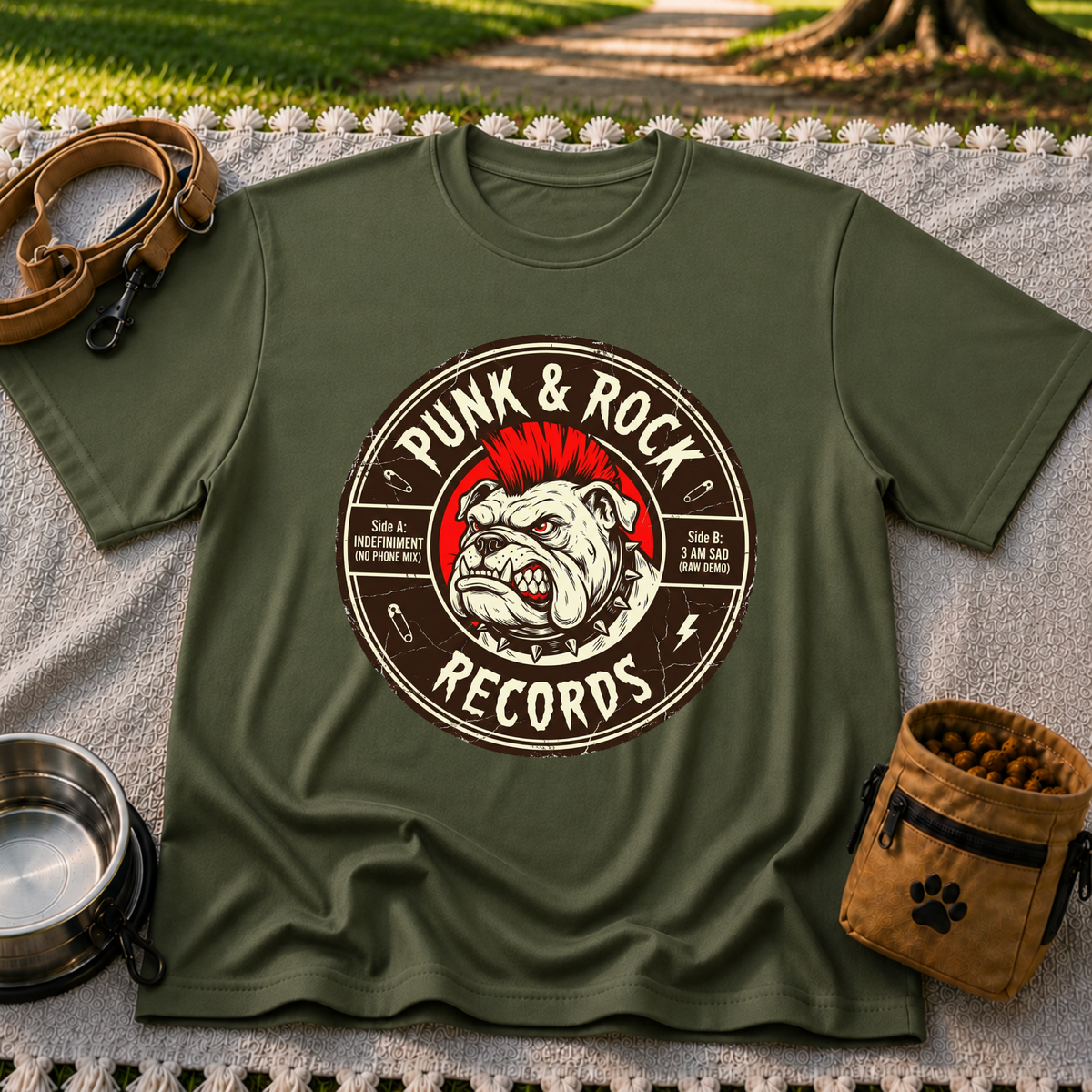 Punk & Rock Bulldog Records design on a Military Green T-shirt.