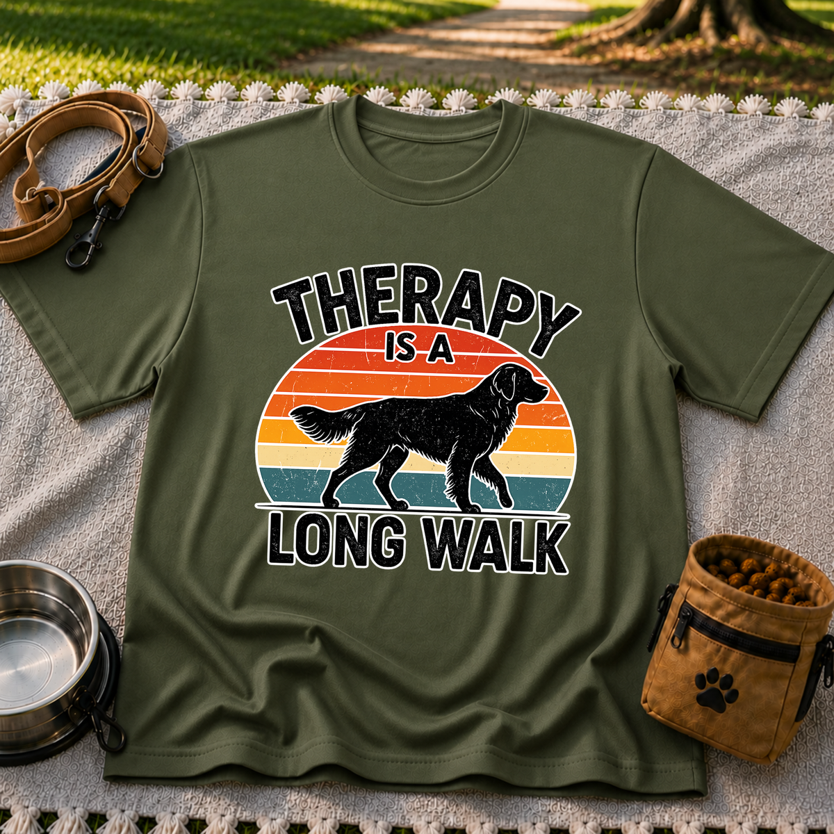 Military Green T-shirt mockup featuring dog silhouette walking across a striped sunset beneath Therapy Is a Long Walk.
