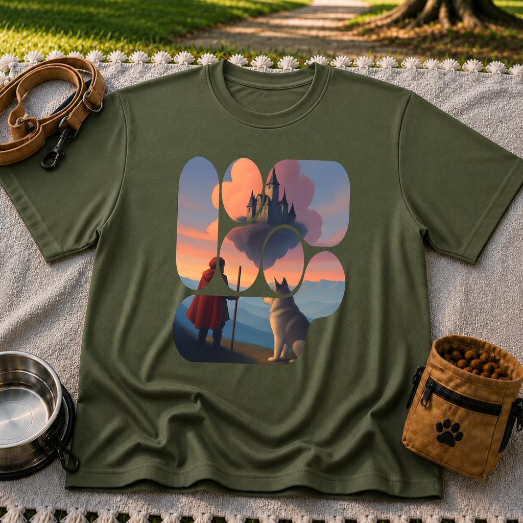 Magical Landscape Pet Lover artwork on a Military Green T-shirt.