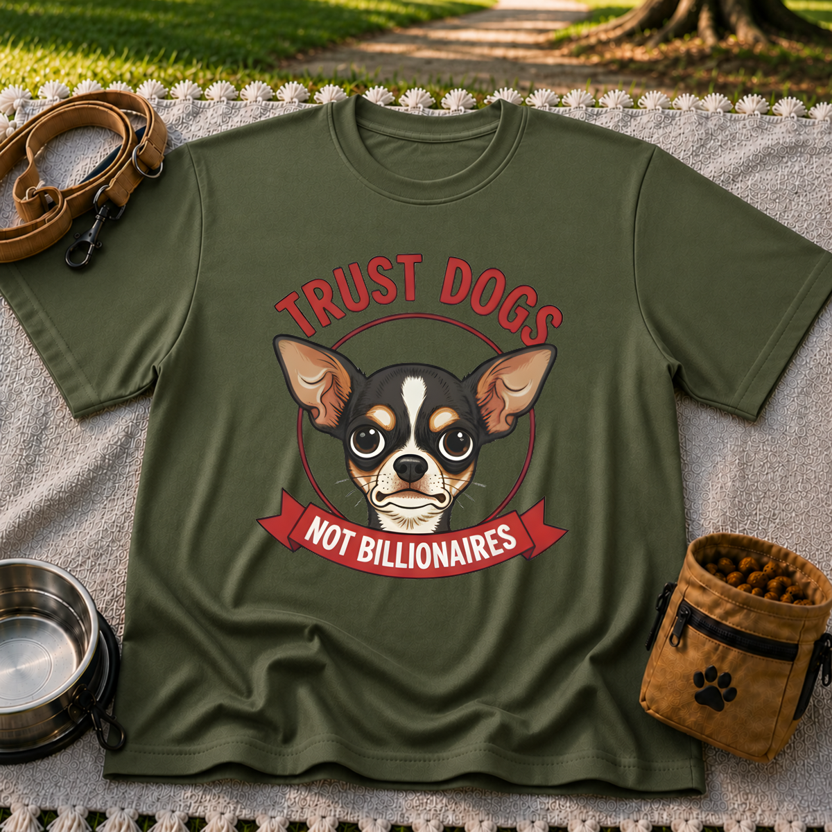 Military Green T-shirt mockup featuring Chihuahua portrait above a red Trust Dogs Not Billionaires banner.