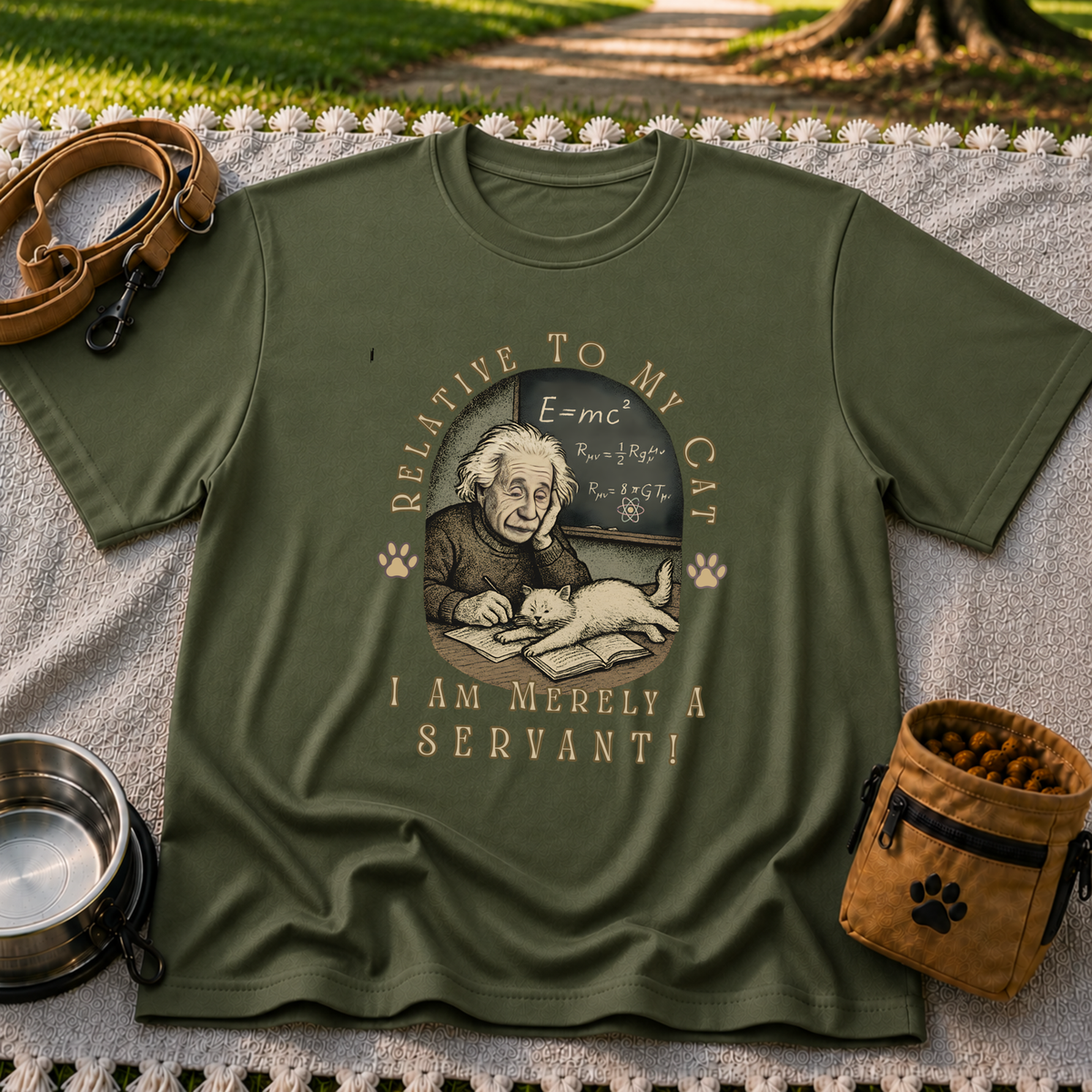 Relativity to My Cat Servant design on a Military Green T-shirt.