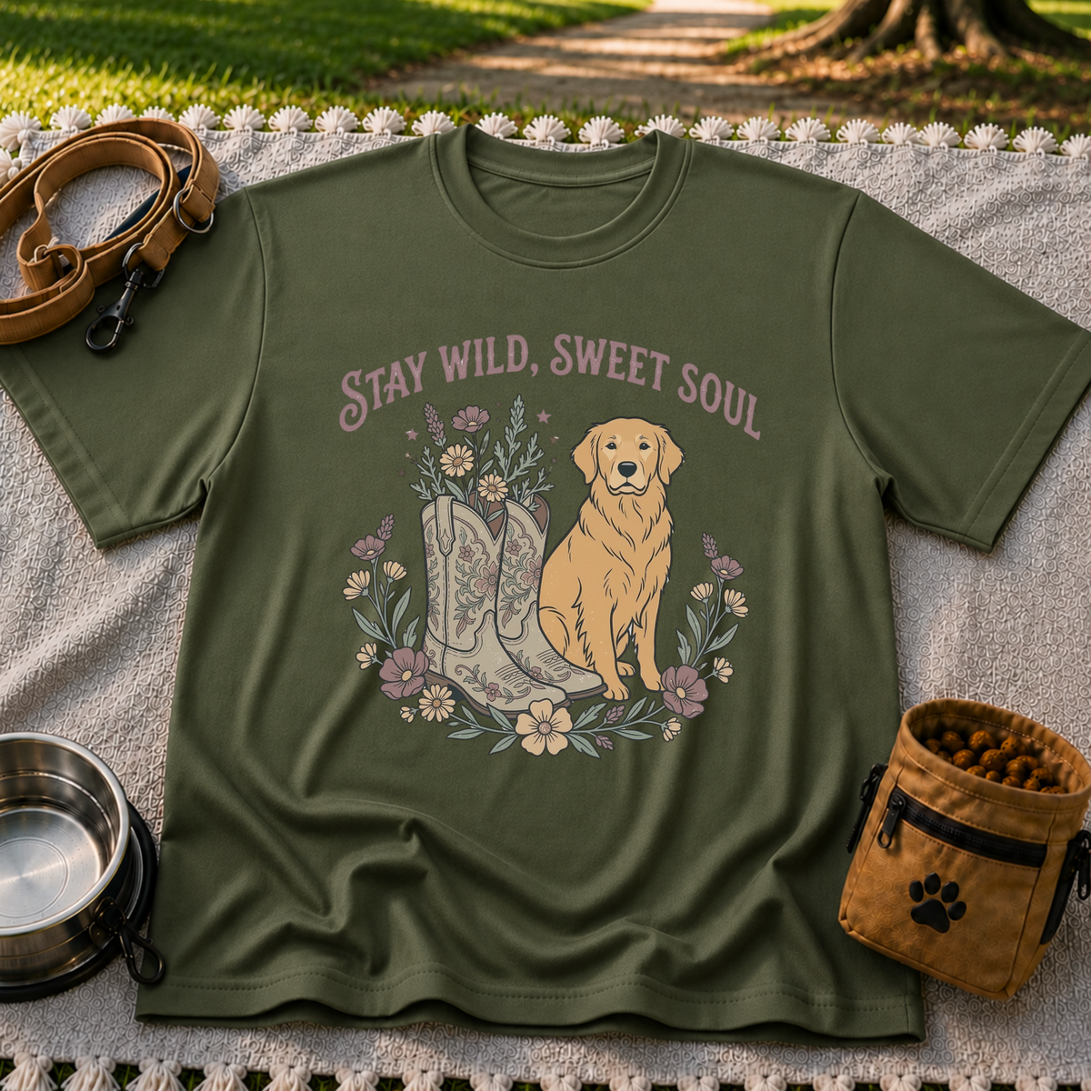 Military Green T-shirt mockup featuring golden-coated dog beside floral cowboy boots and flowers beneath Stay Wild Sweet Soul.