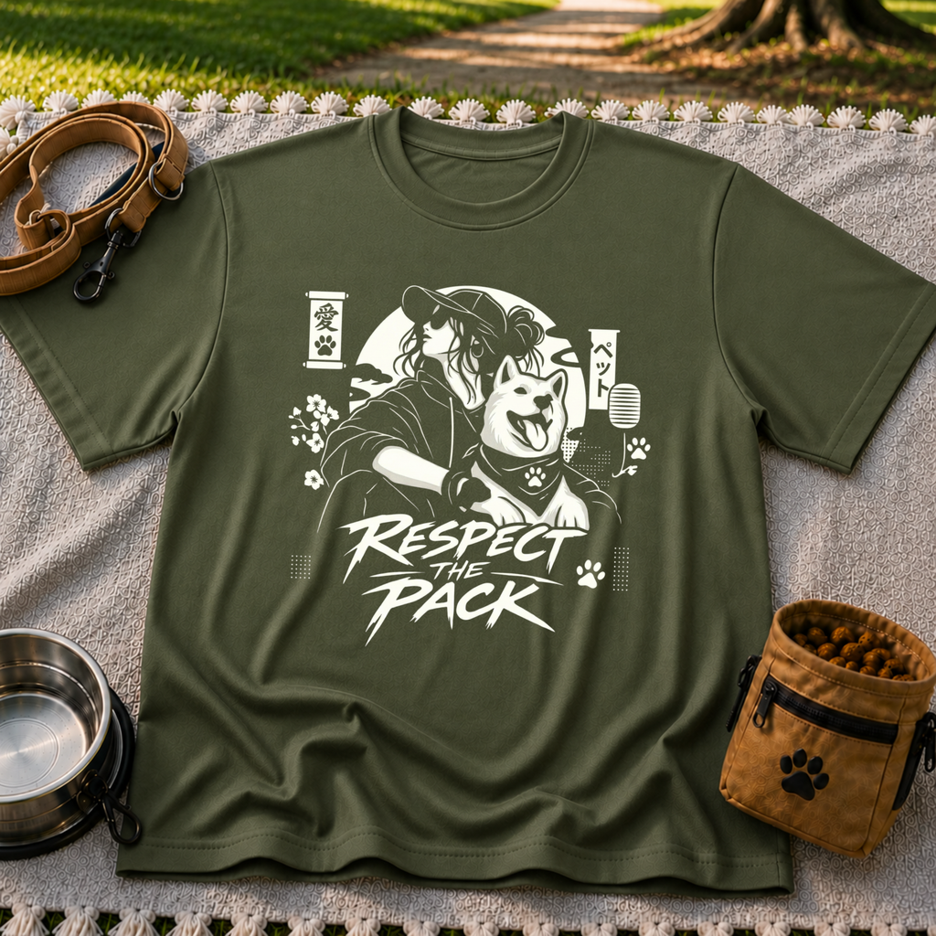 Military Green T-shirt mockup featuring illustrated dog beside stylized lettering that reads Respect the Pack.