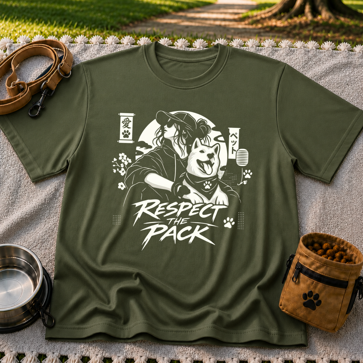 Military Green T-shirt mockup featuring illustrated dog beside stylized lettering that reads Respect the Pack.