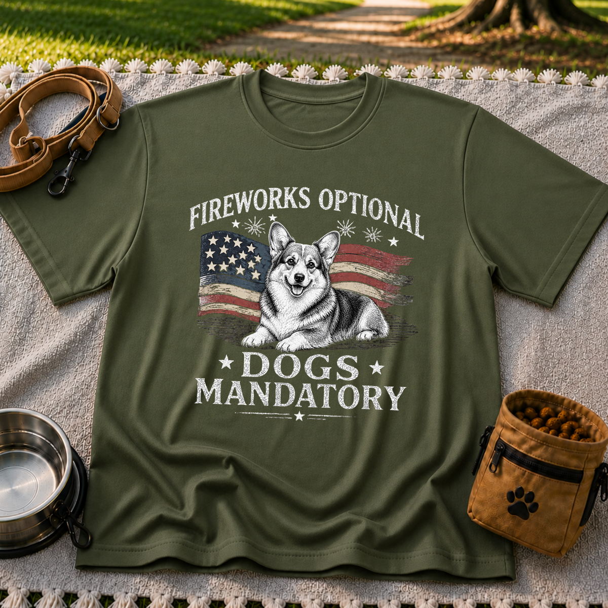 a Corgi beside “Fireworks optional, dogs mandatory”. On a Military Green T-shirt.
