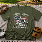 a German Shepherd beside “Fireworks optional, dogs mandatory”. On a Military Green T-shirt.