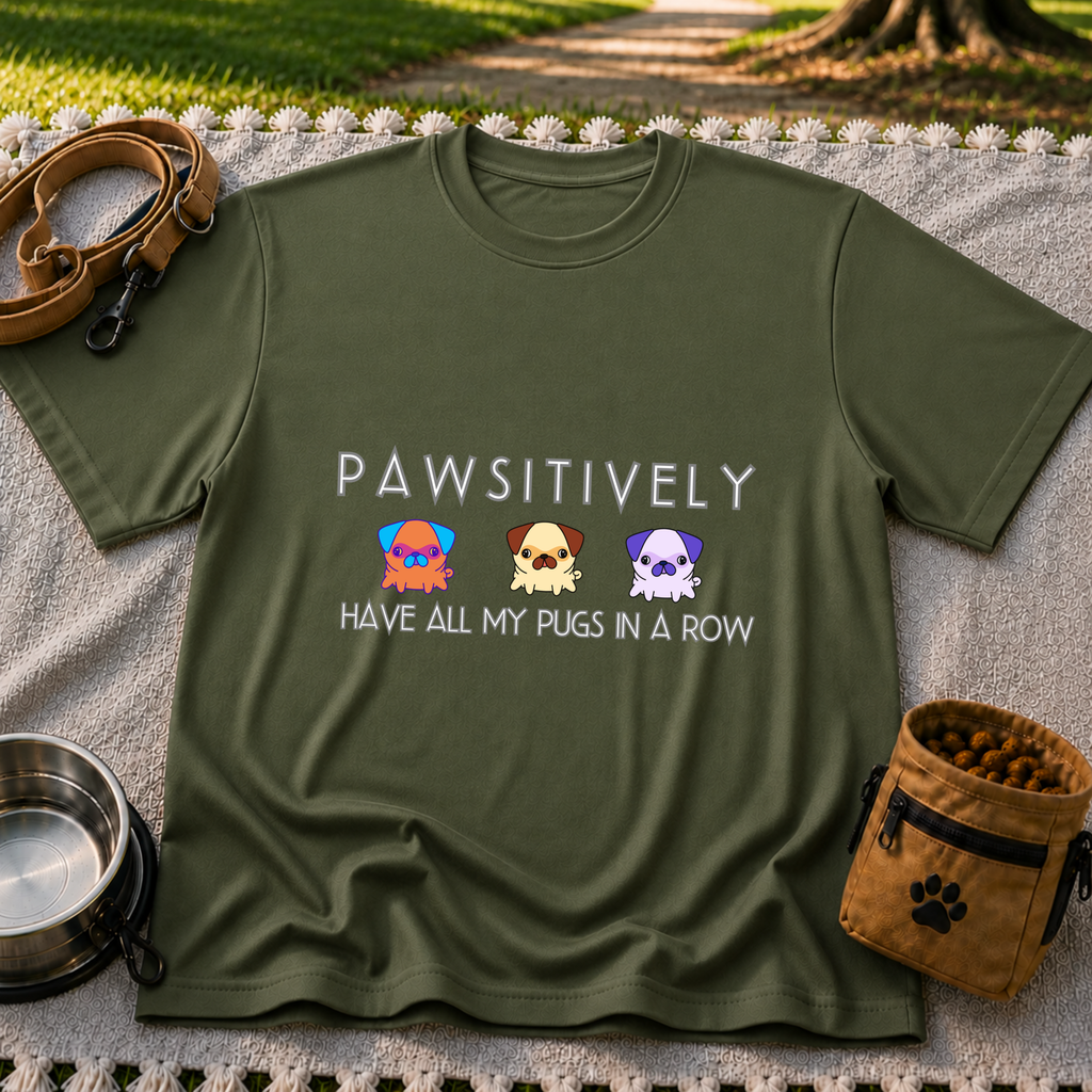 a row of three pugs beneath “Pawsitively all my pugs in a row”. On a Military Green T-shirt.