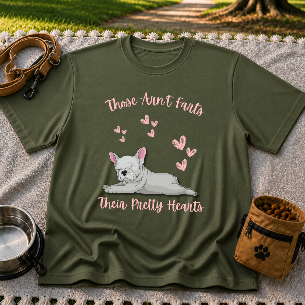 Military Green T-shirt mockup featuring reclining French Bulldog surrounded by pink hearts and the Pretty Hearts joke.