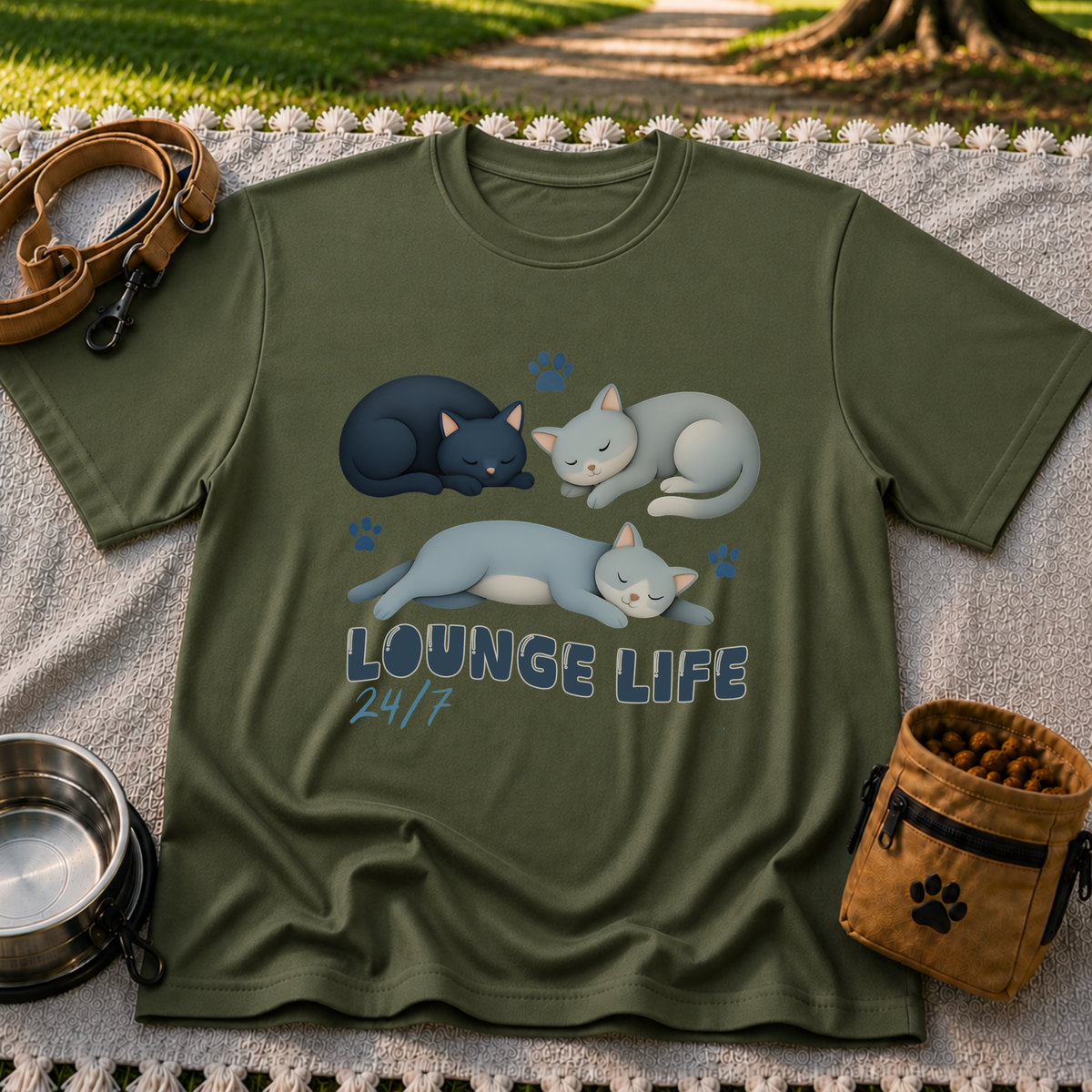Lounge Life Cat design on a Military Green T-shirt.