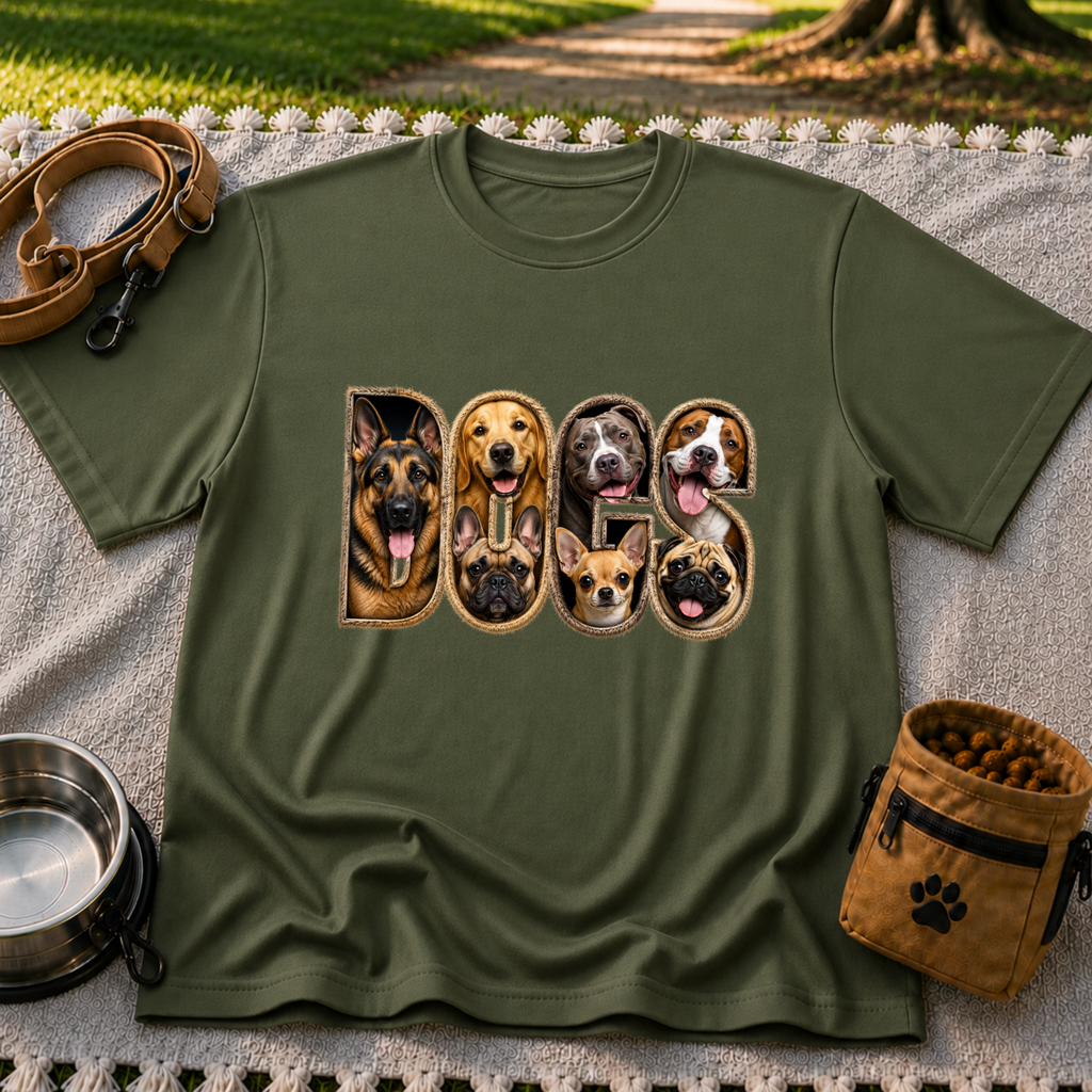 Dogs Dogs Dogs Dog Lover design on a Military Green T-shirt.