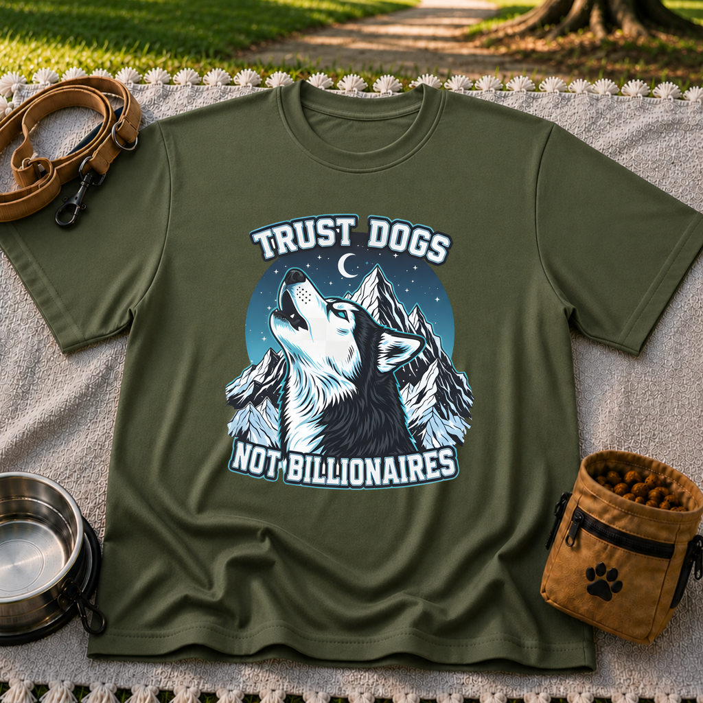 Military Green T-shirt mockup featuring howling Husky against a rugged blue-toned mountain landscape.