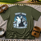 Military Green T-shirt mockup featuring howling Husky against a rugged blue-toned mountain landscape.