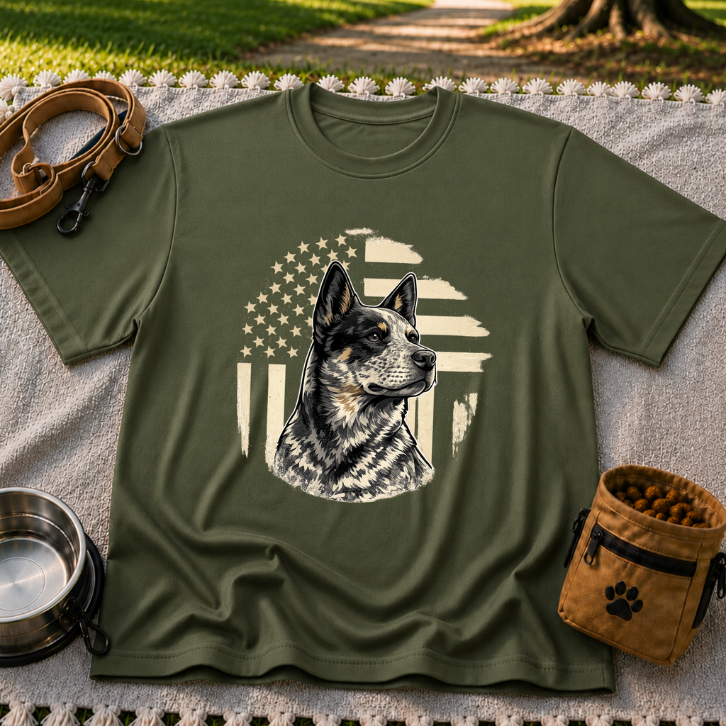 Military Green T-shirt mockup featuring Blue Heeler portrait with a weathered American flag and stars.