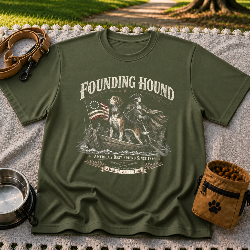 a founding-era American scene with hounds and patriotic details. On a Military Green T-shirt.