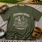 a founding-era American scene with hounds and patriotic details. On a Military Green T-shirt.