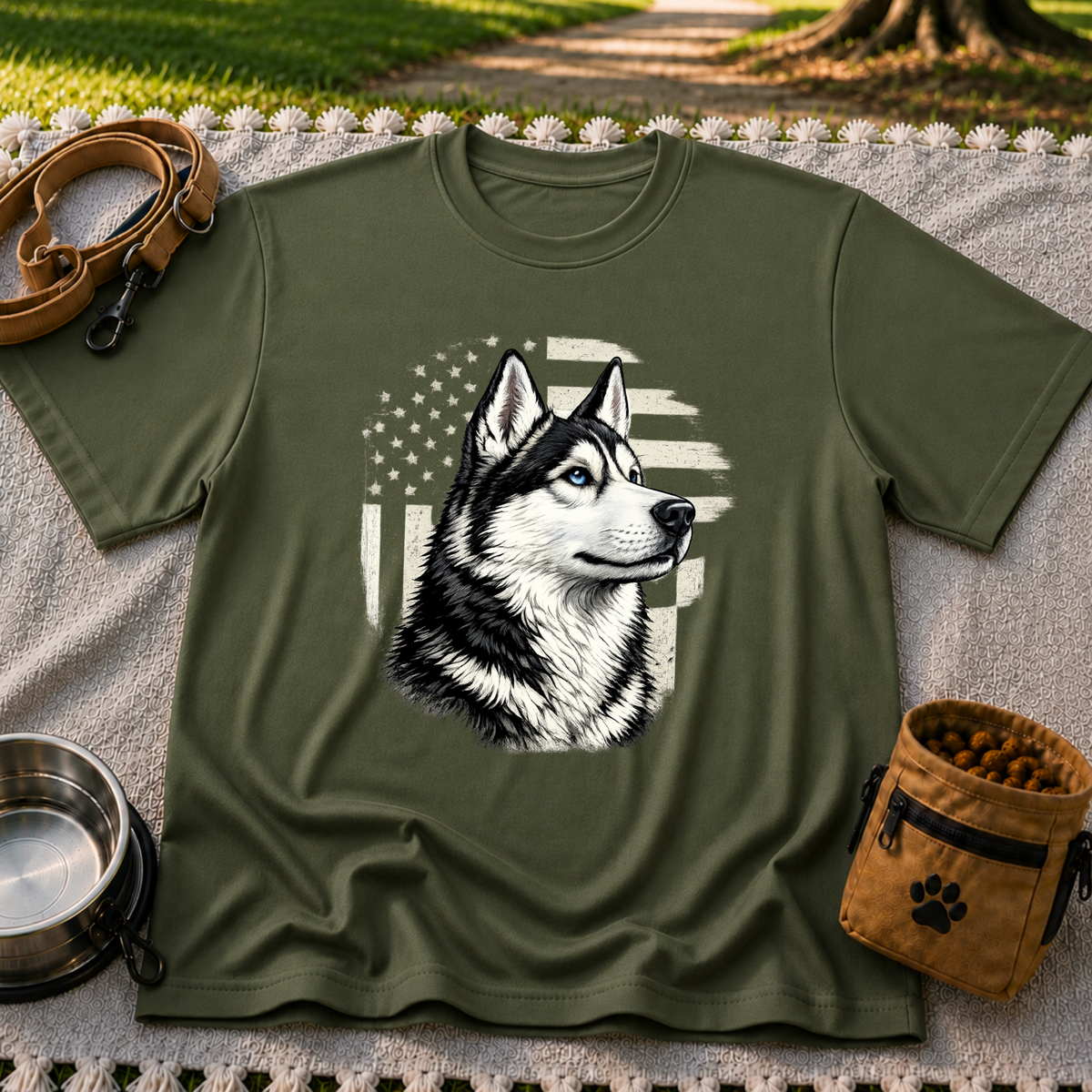 Patriotic Siberian Husky Dog design on a Military Green T-shirt.
