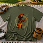 Rockin’ Dachshund Guitar artwork on a Military Green T-shirt.