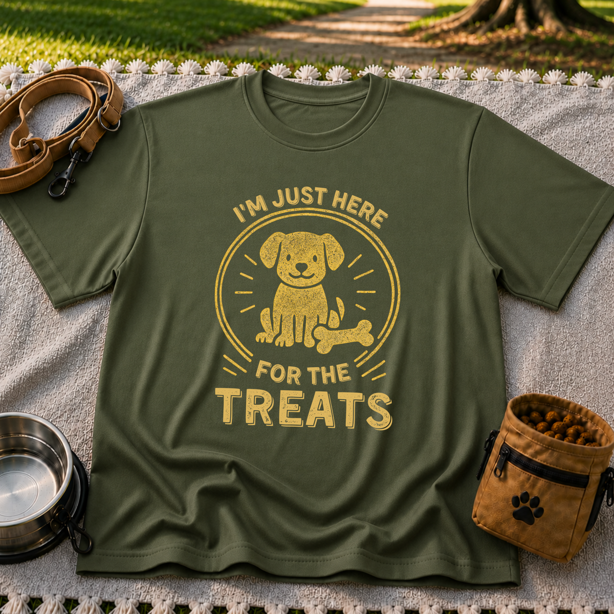 I'm Just Here for the Treats design on a Military Green T-shirt.