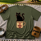 Military Green T-shirt mockup featuring black cat sitting on a Coffee First Darkness Later mug.
