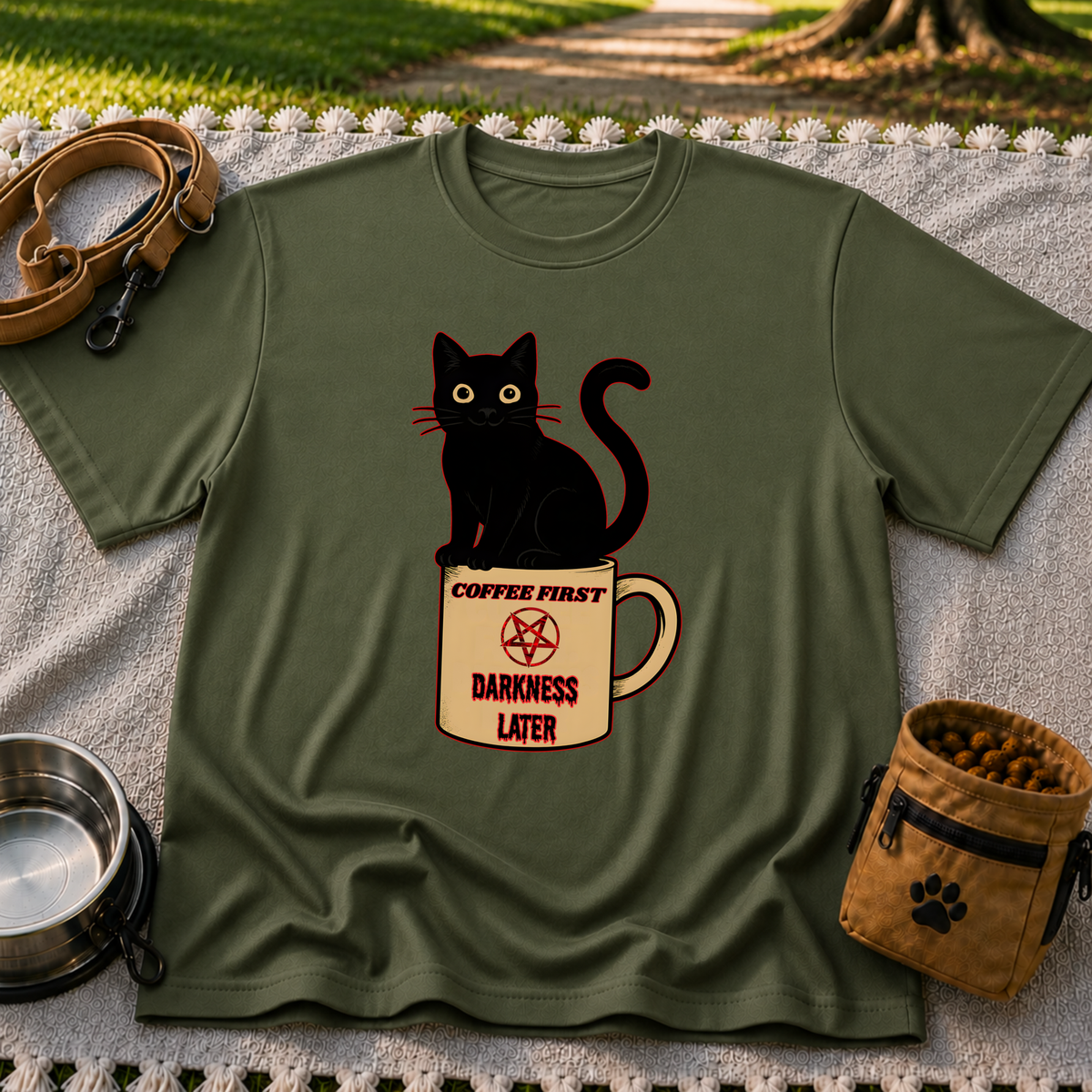 Military Green T-shirt mockup featuring black cat sitting on a Coffee First Darkness Later mug.