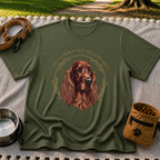 Irish Setter Trust Dogs Not Billionaires design on a Military Green T-shirt.