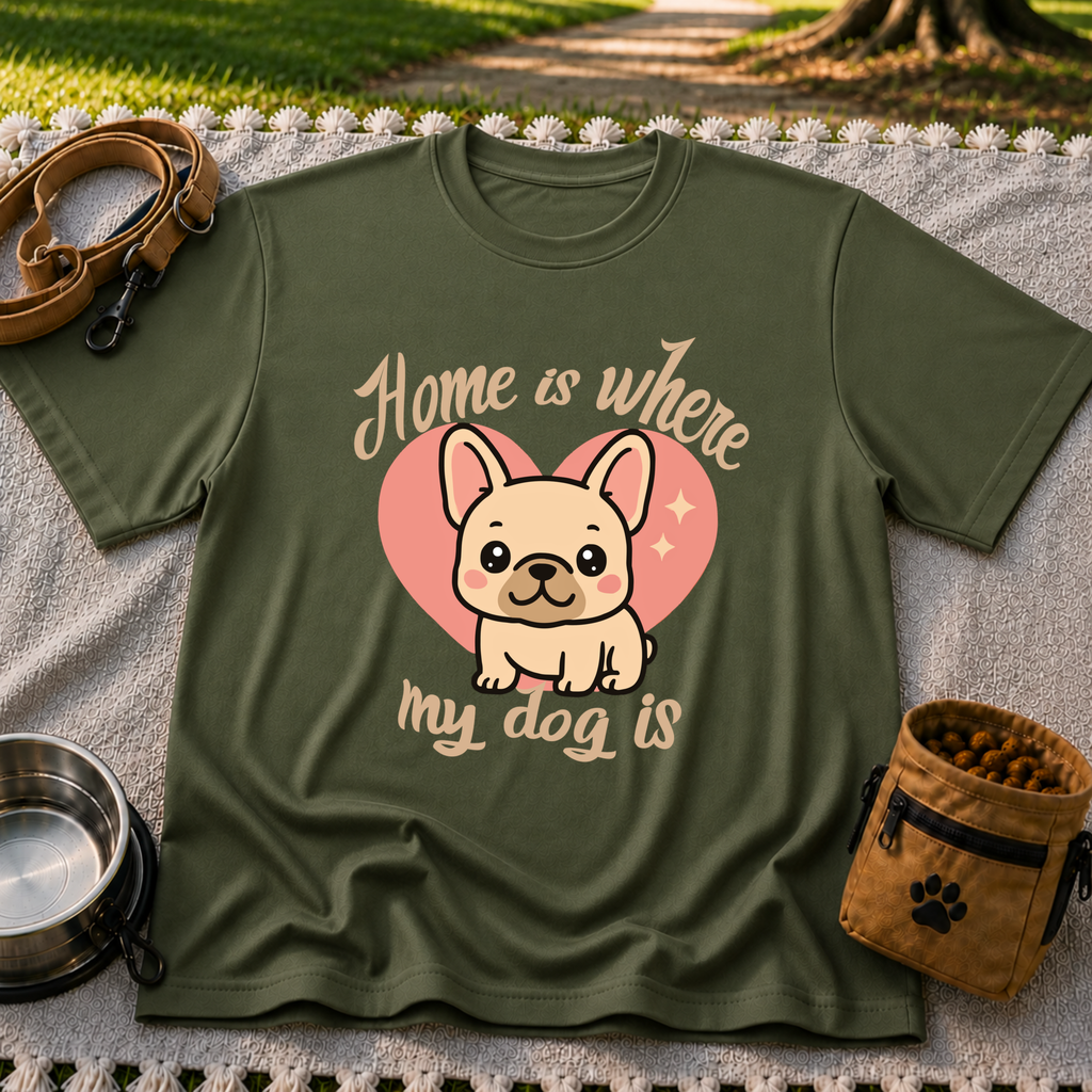Home Is Where My Dog Is Frenchie Dog design on a Military Green T-shirt.
