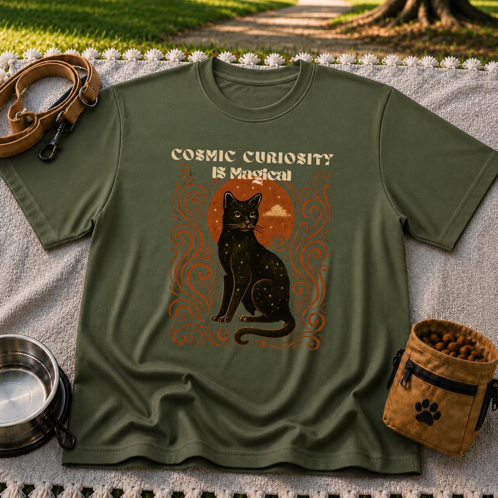 Black cat, moonlike circle and surrounding stars on a Military Green T-shirt.