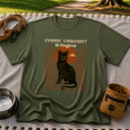 Black cat, moonlike circle and surrounding stars on a Military Green T-shirt.