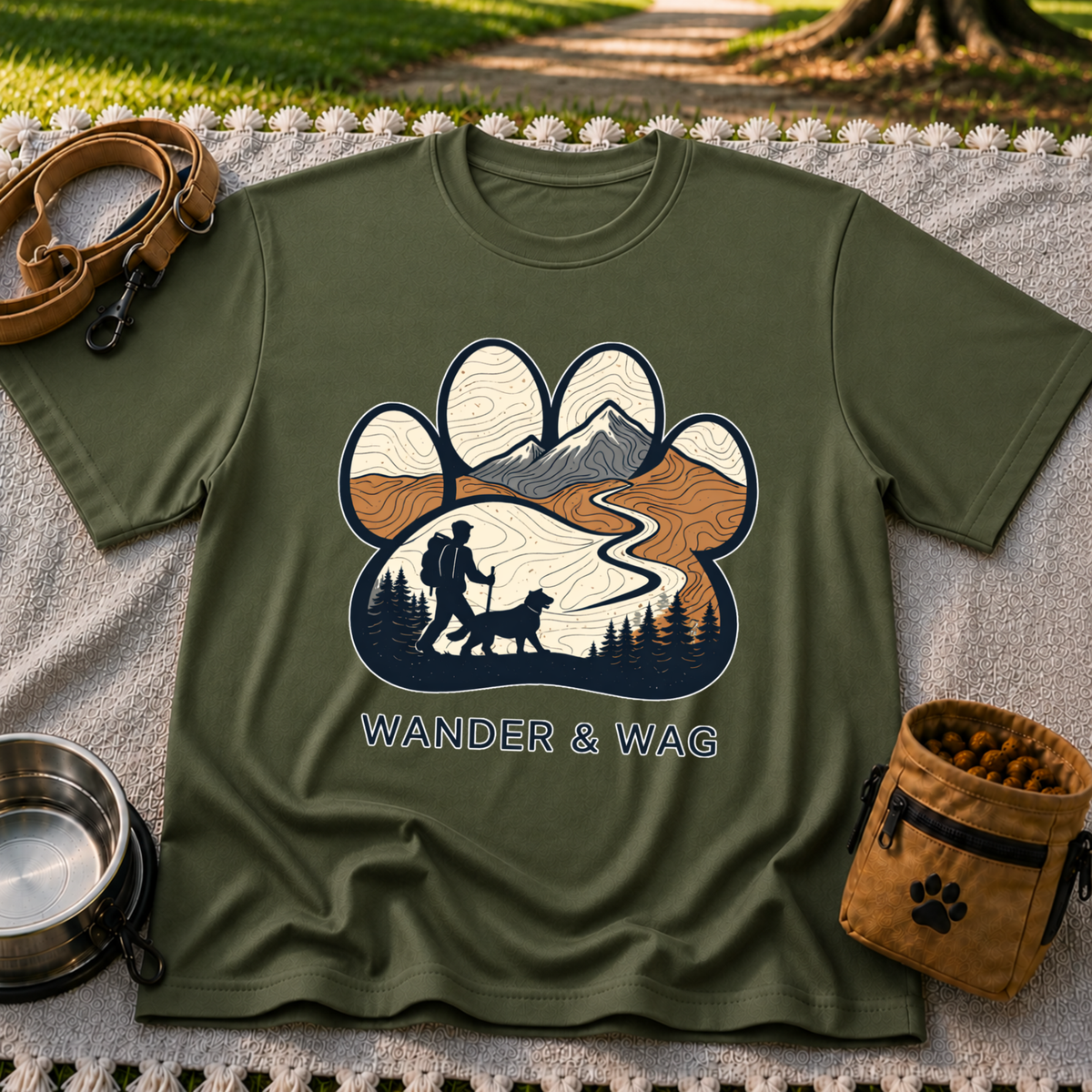 Military Green T-shirt mockup featuring hiker and dog following a mountain trail framed inside a paw print.