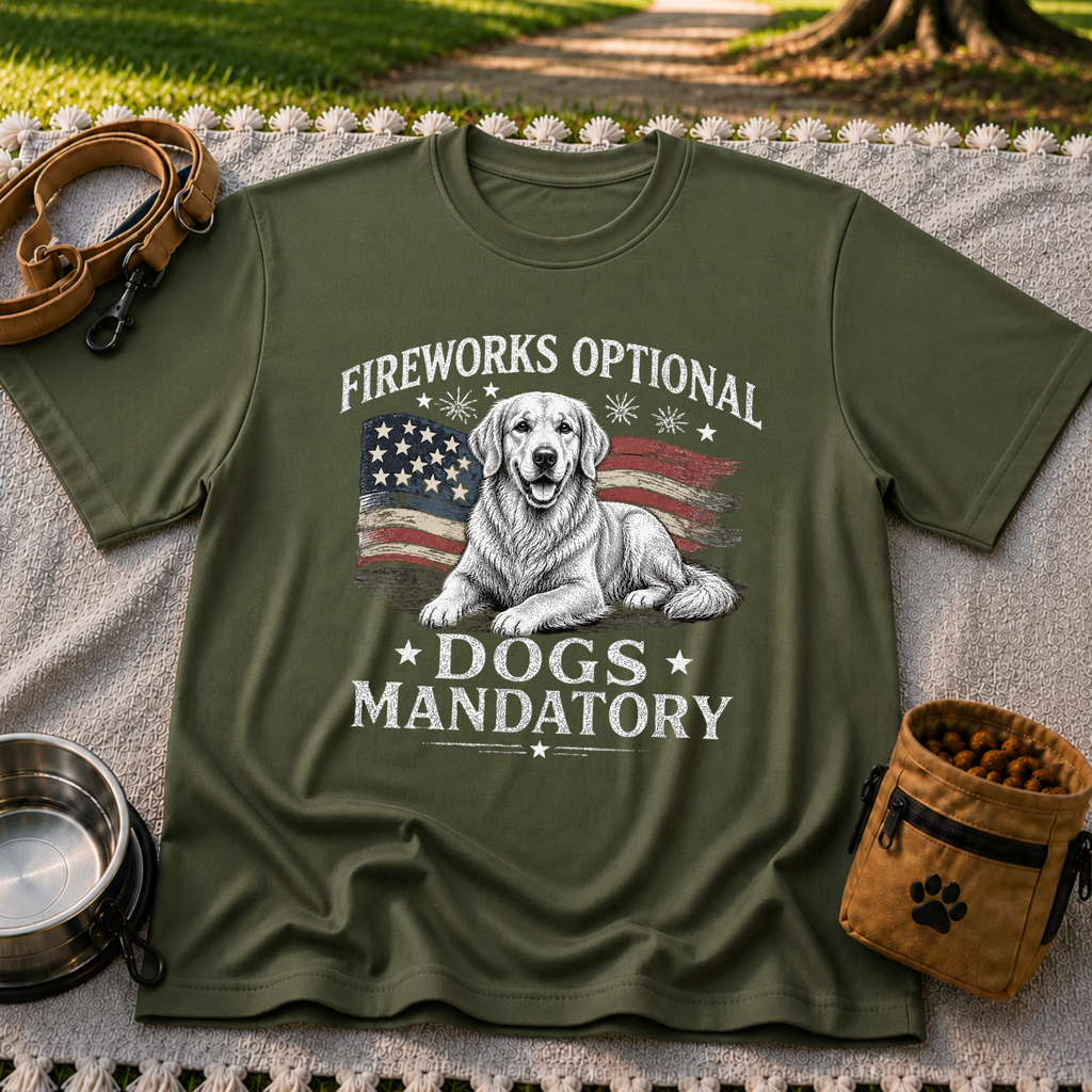 a Golden Retriever beside “Fireworks optional, dogs mandatory”. On a Military Green T-shirt.