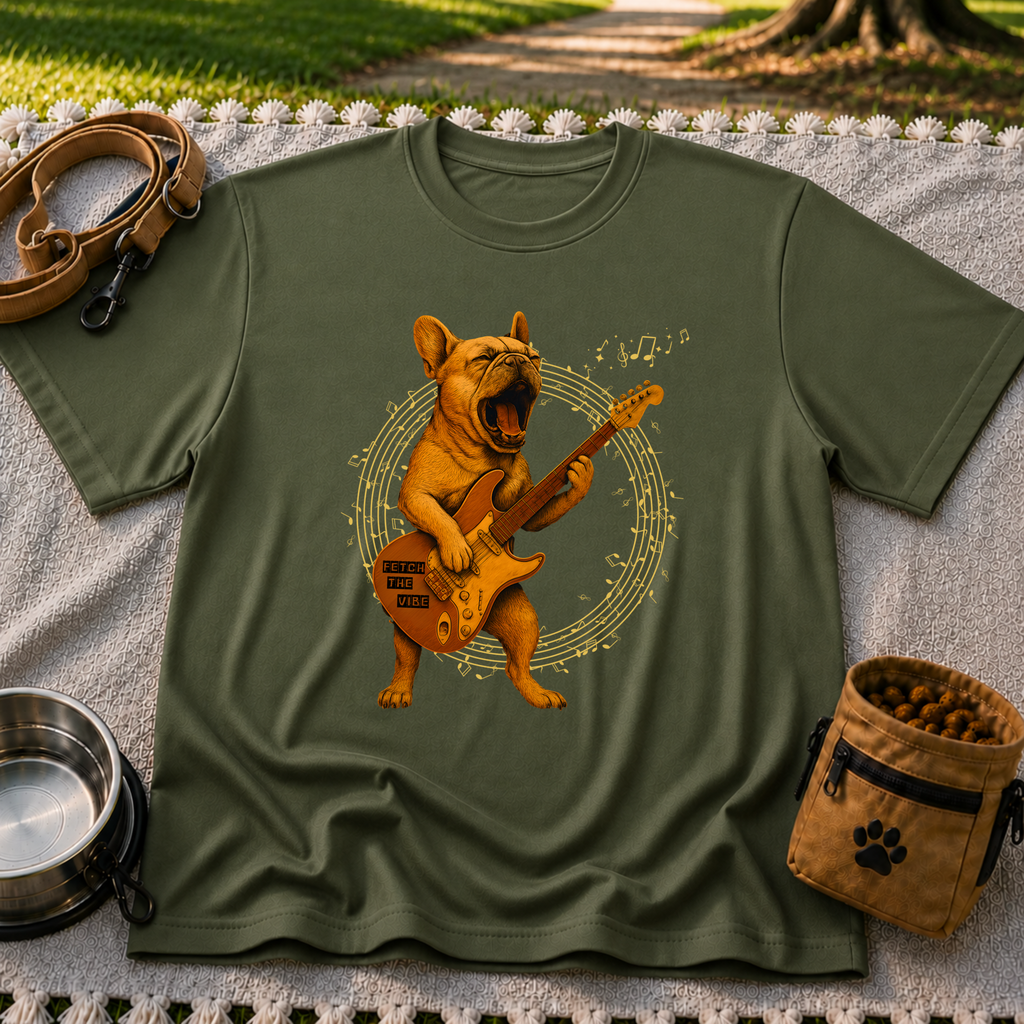 Rocking French Bulldog Guitar artwork on a Military Green T-shirt.