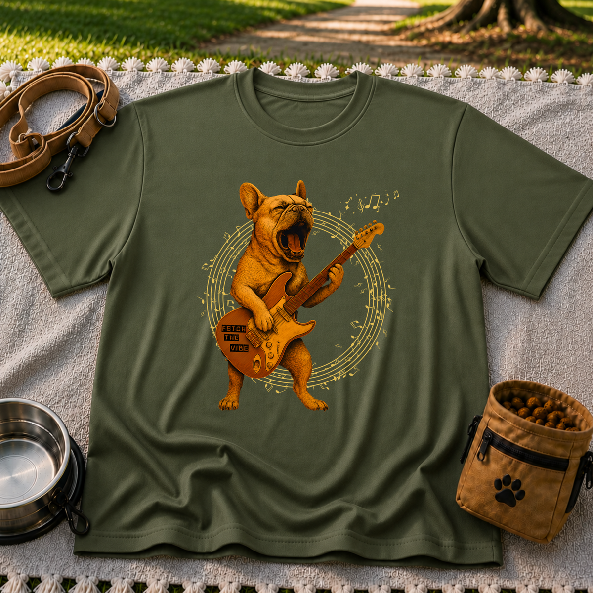 Rocking French Bulldog Guitar artwork on a Military Green T-shirt.
