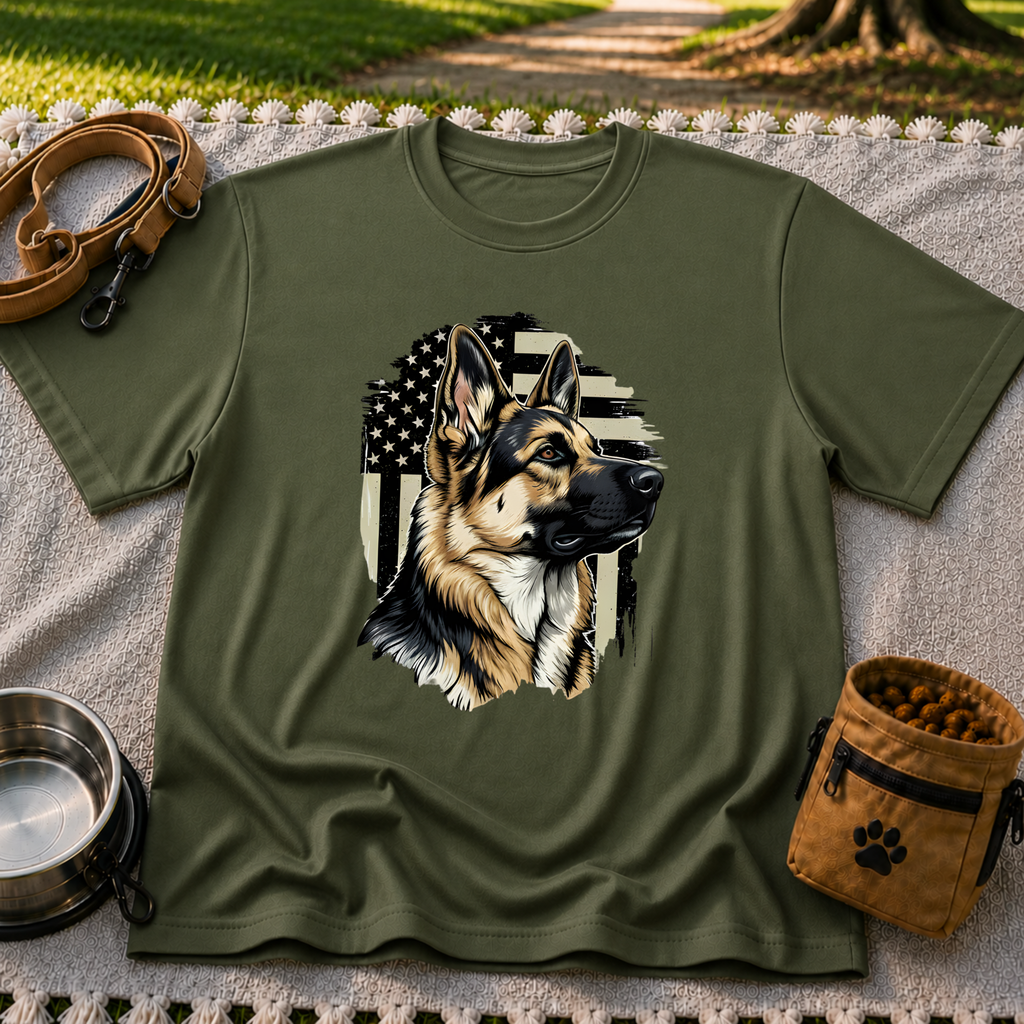 German Shepherd American Flag design on a Military Green T-shirt.