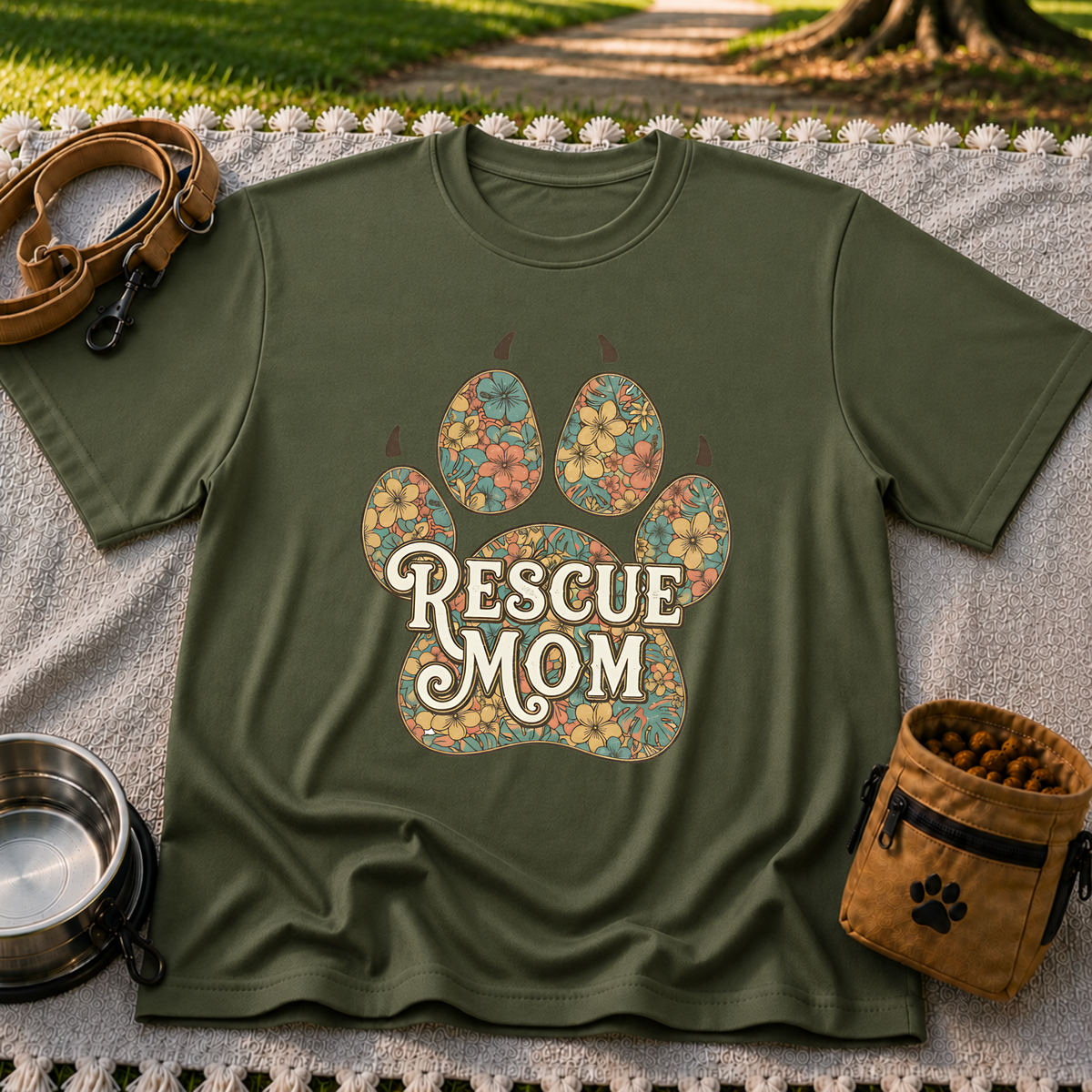 Rescue Mom Floral Paw Print design on a Military Green T-shirt.