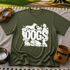 the word “Dogs” surrounded by several dog portraits. On a Military Green T-shirt.