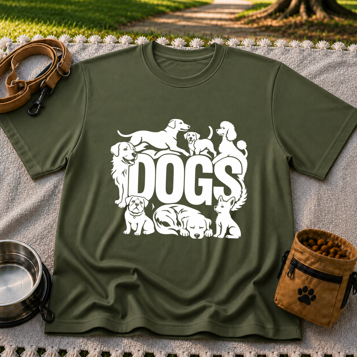 the word “Dogs” surrounded by several dog portraits. On a Military Green T-shirt.