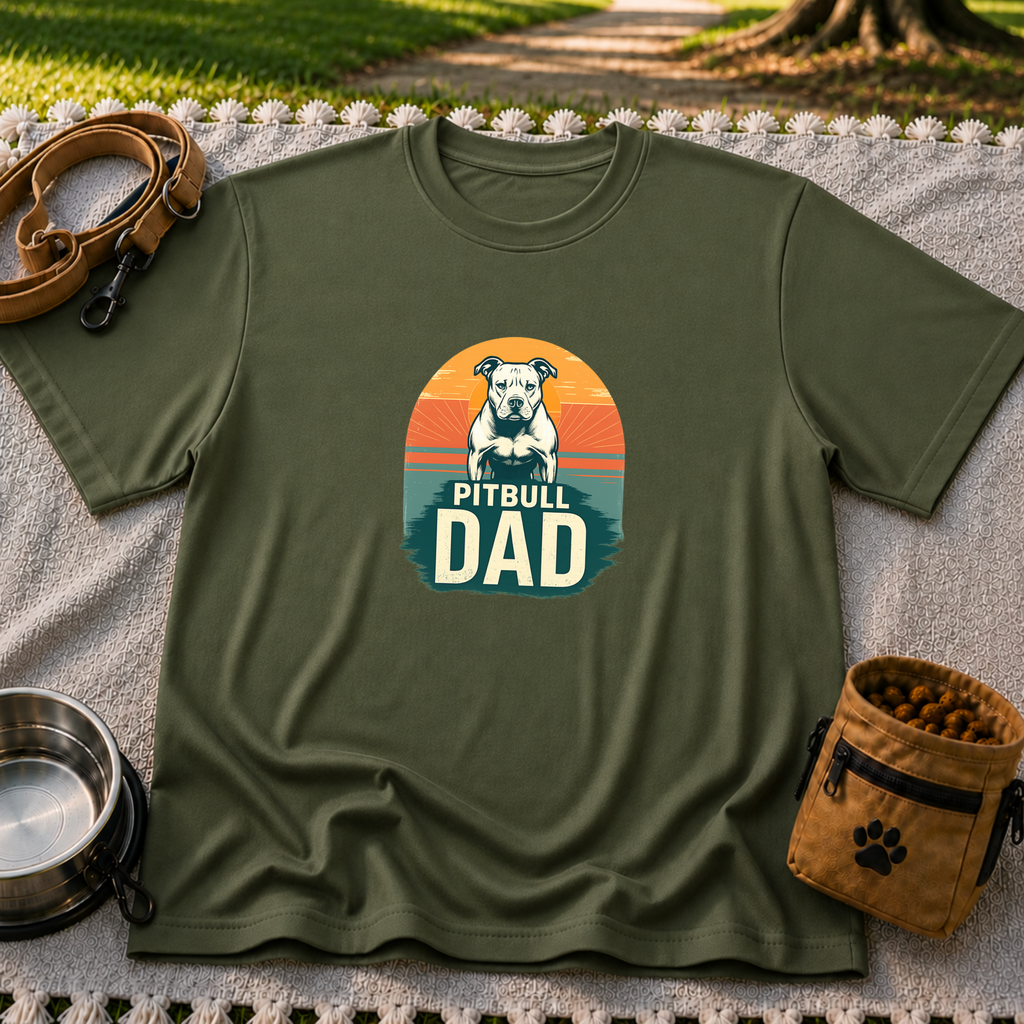 Vintage Pitbull Dad design on a Military Green T-shirt.