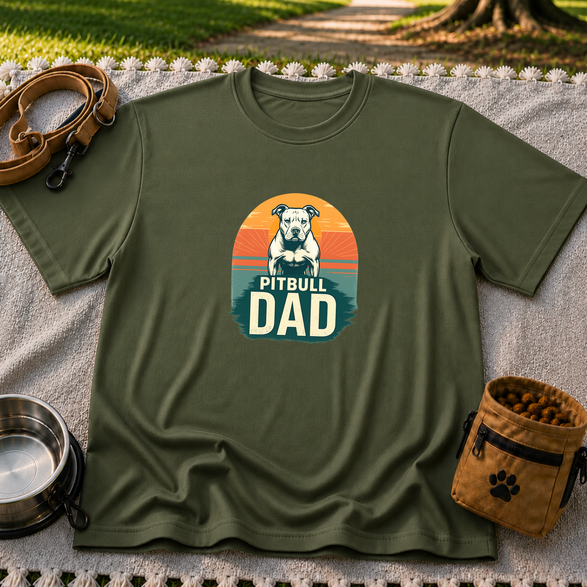 Vintage Pitbull Dad design on a Military Green T-shirt.