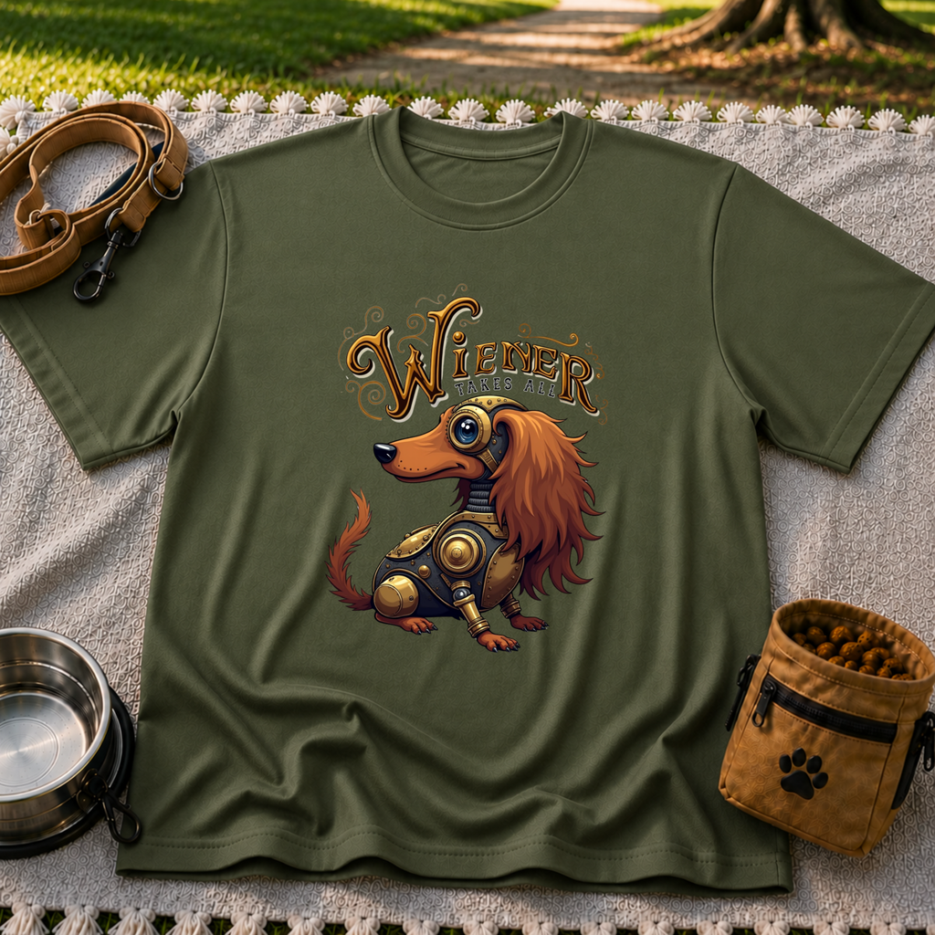 Wiener Takes All Steampunk Dachshund design on a Military Green T-shirt.