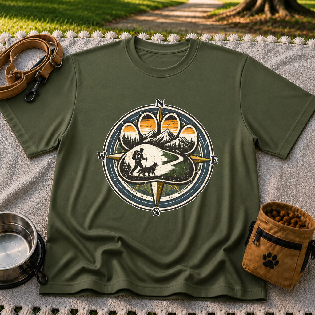 Military Green T-shirt mockup featuring compass rose framing a hiker and dog on a mountain trail.