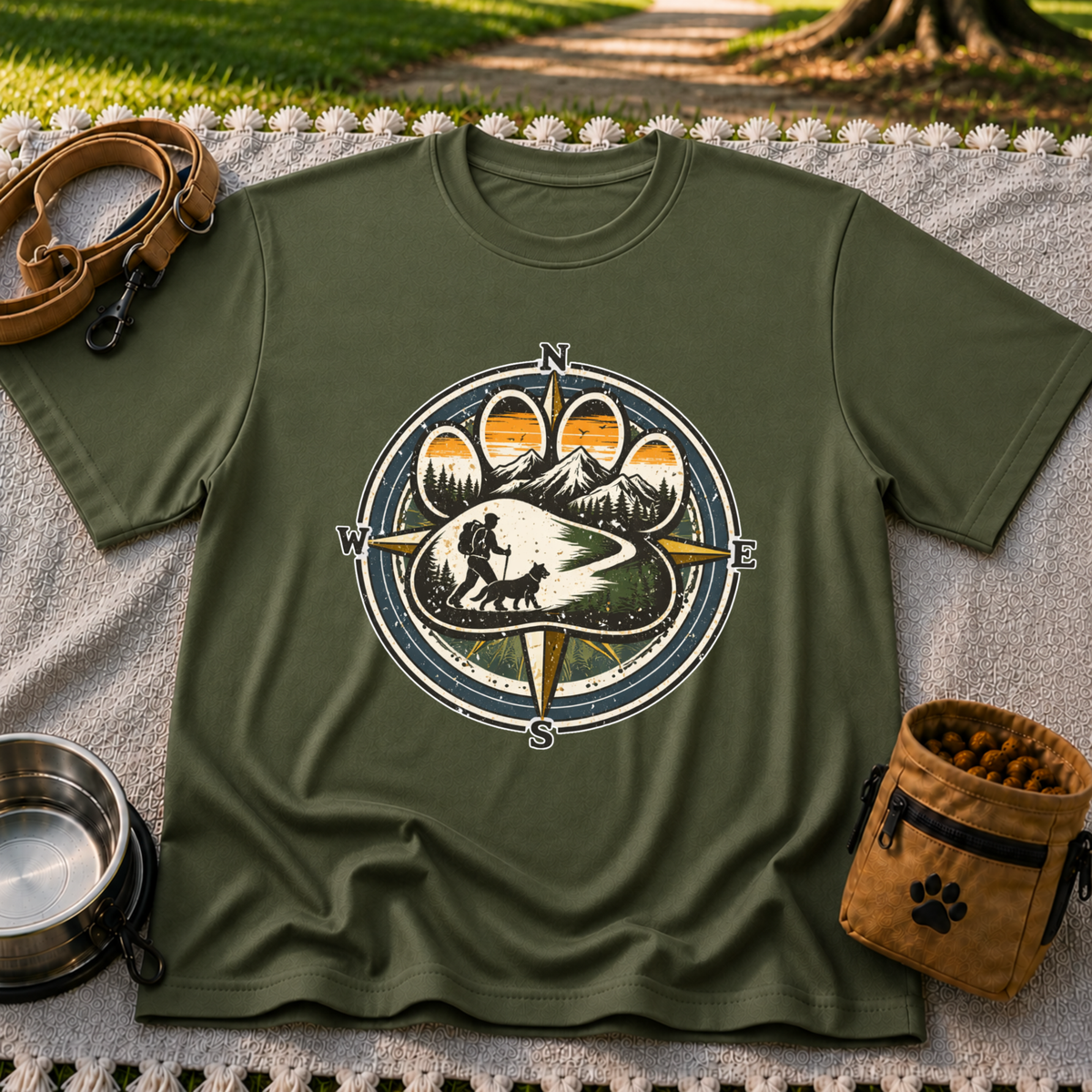 Military Green T-shirt mockup featuring compass rose framing a hiker and dog on a mountain trail.