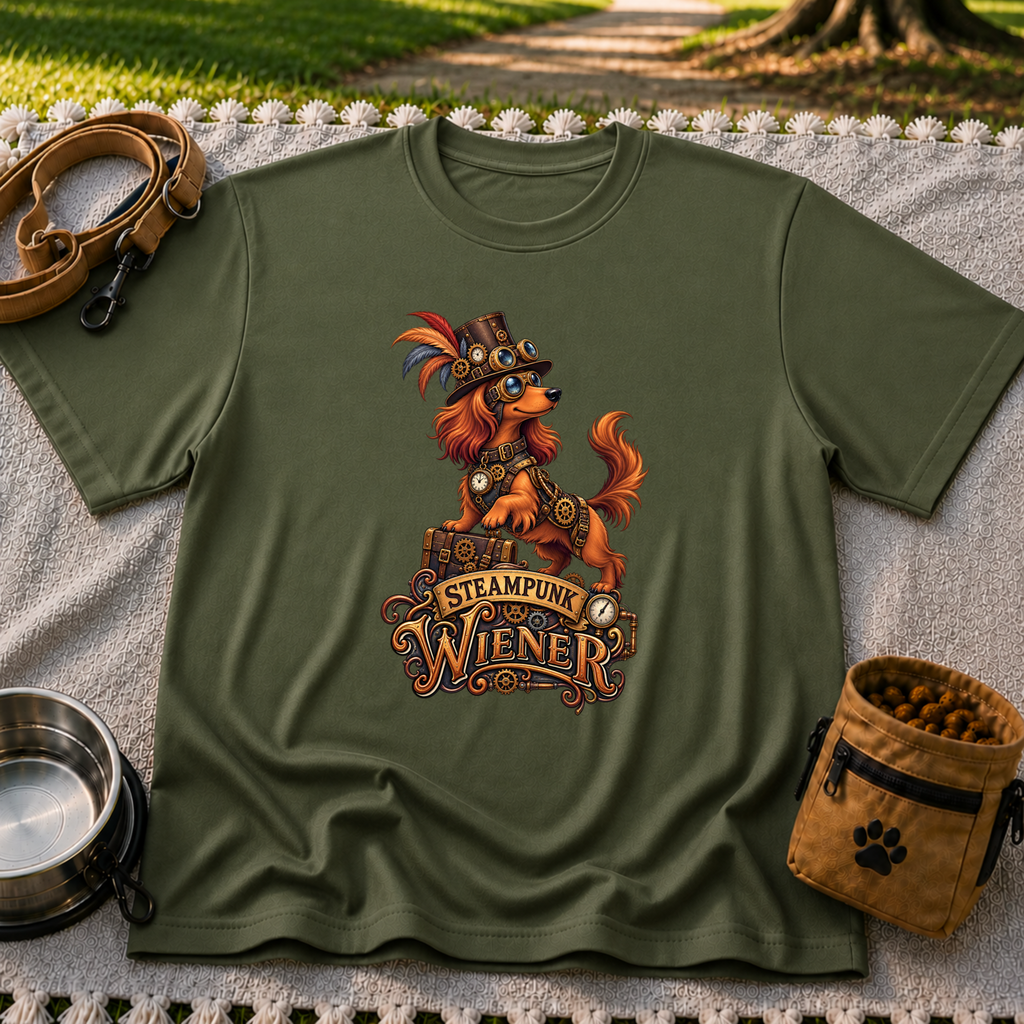 Steampunk Wiener Dog design on a Military Green T-shirt.
