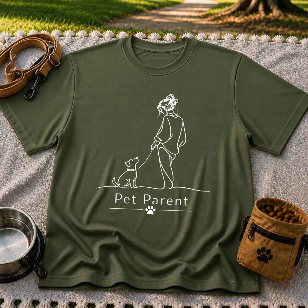 a person walking a dog beneath the words “Pet Parent”. On a Military Green T-shirt.