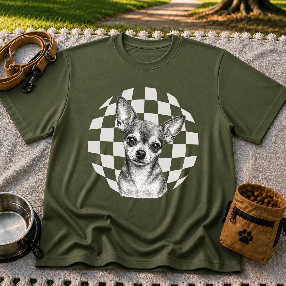 Sweet Chihuahua Portrait artwork on a Military Green T-shirt.