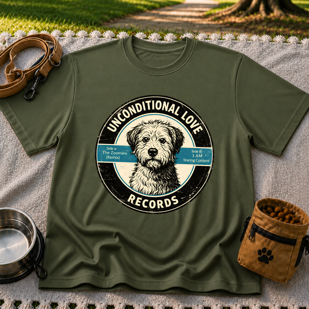 Military Green T-shirt mockup featuring shaggy dog portrait on a record label with playful track names.