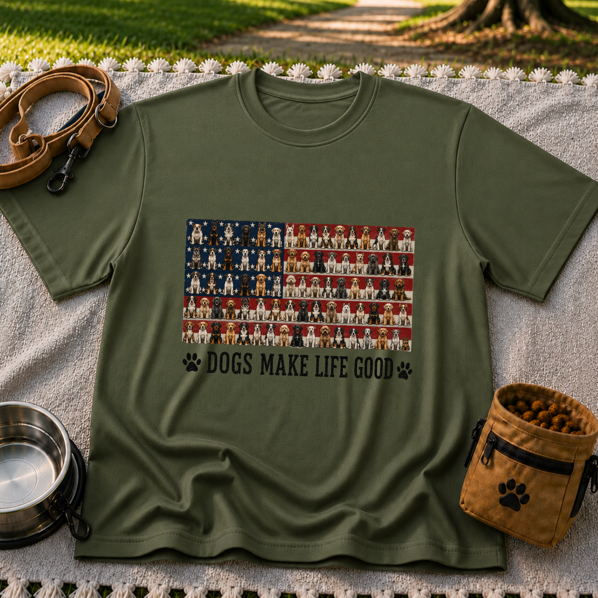 Military Green T-shirt mockup featuring rows of dog portraits over an American flag with Dogs Make Life Good lettering.