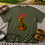 Paw-kin Patch Patrol Dachshund Halloween Dog design on a Military Green T-shirt.