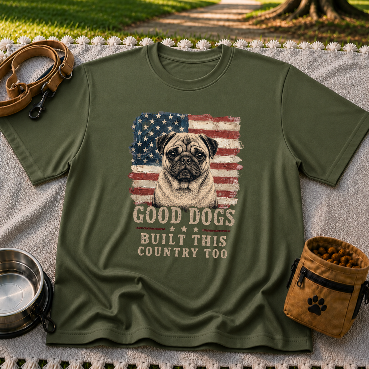 Military Green T-shirt mockup featuring pug portrait against a distressed American flag with patriotic lettering.